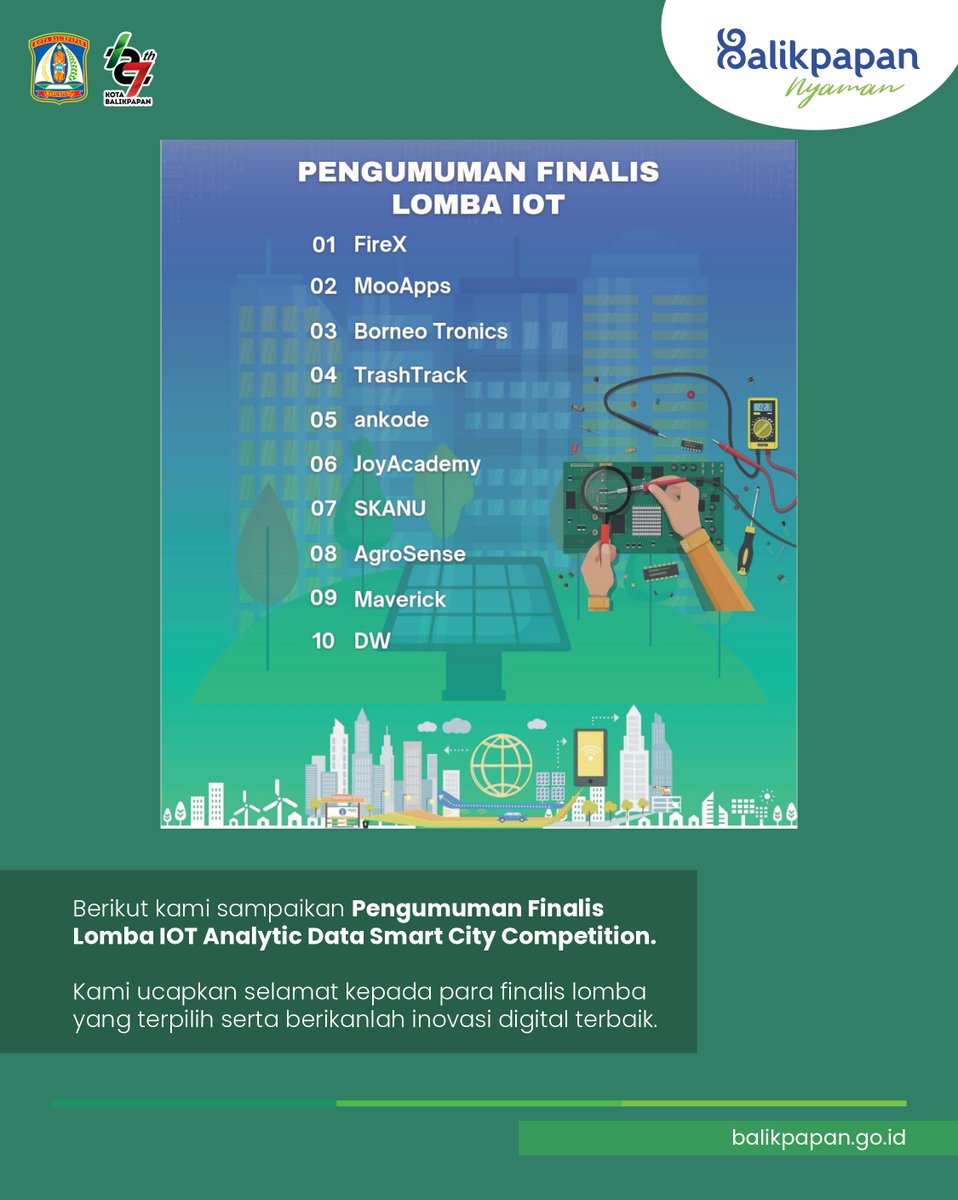 Pemerintah Kota Balikpapan mengucapkan selamat kepada para finalis lomba yang terpilih serta berikanlah inovasi digital terbaik.
#welovebalikpapan
#balikpapannyaman
#balikpapan127