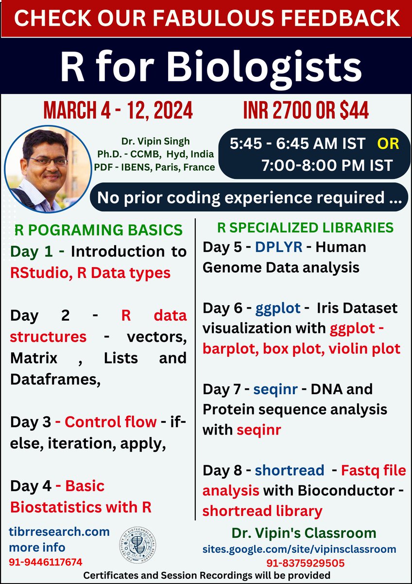 dr_vipin_singh's tweet image. Register here - sites.google.com/site/vipinscla…
Biology is changing ... upgrade to 2024 research skills - #CodeWithMe 
Check our fabulous reviews !
#r #python #ngs #variant_calling #datavisualization #DataAnalytics #BiologistsMustCode #DrVipinsWorkshop