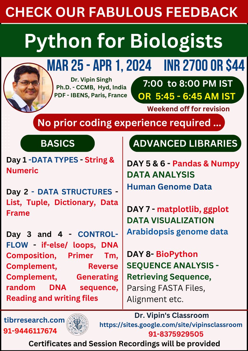 Register here - sites.google.com/site/vipinscla…
Biology is changing ... upgrade to 2024 research skills - #CodeWithMe 
Check our fabulous reviews !
#r #python #ngs #variant_calling #datavisualization #DataAnalytics #BiologistsMustCode #DrVipinsWorkshop