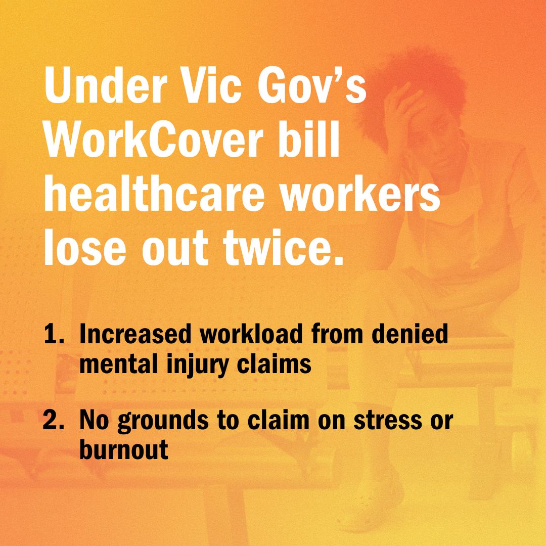hacsu's tweet image. The Victorian Government’s new #WorkCover Bill will stop injured workers from making claims for stress and burnout.

The parliament's own inquiry has stated that the Bill’s definition of mental health “is not fit for purpose.”