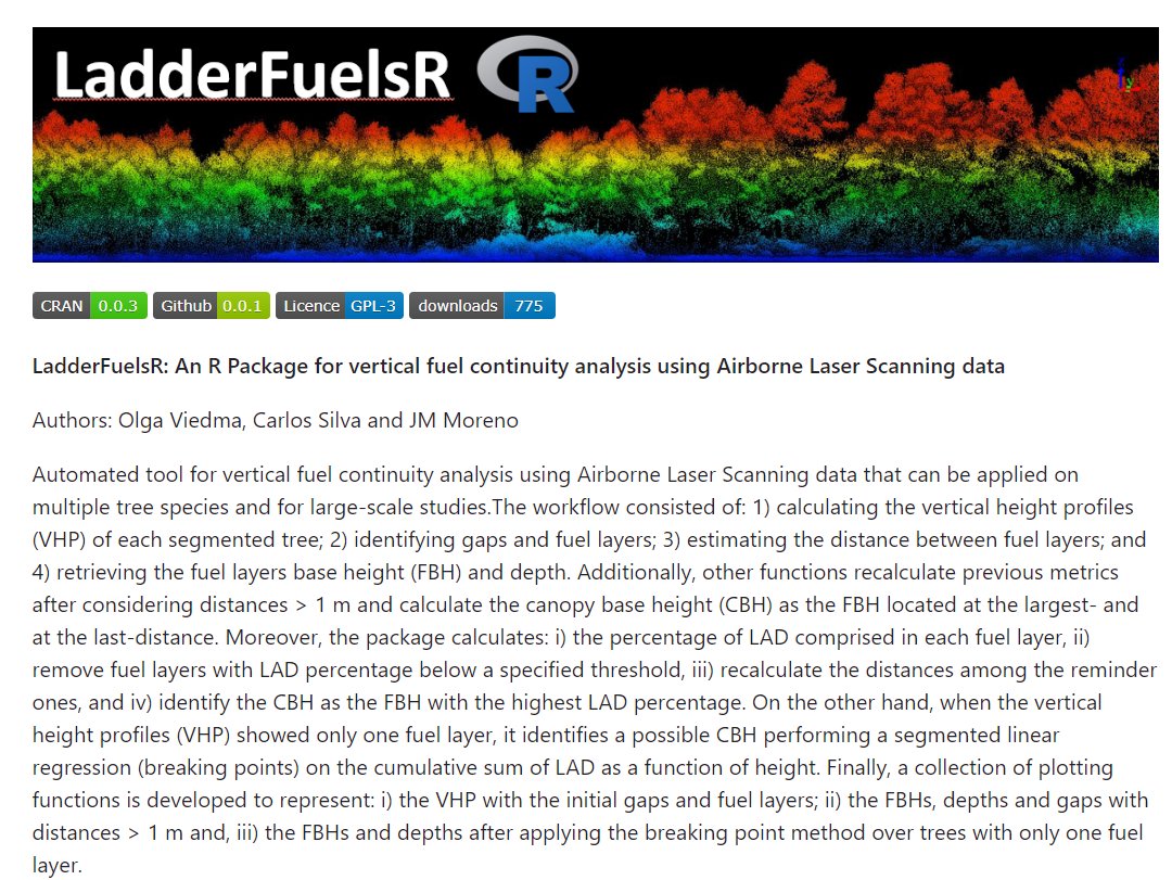 📢LadderFuelsR: An R Package for vertical fuel continuity analysis using Airborne Laser Scanning data github.com/olgaviedma/Lad…