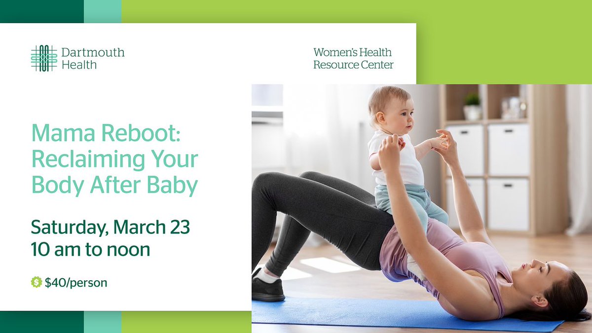 Join Brittany Teune, a seasoned Physical Therapist (and mom of 3) to learn targeted exercises and holistic strategies to enhance core strength, alleviate common postpartum discomforts, and promote overall wellness. Pre-register by calling (603) 650-2600. events.dartmouth-hitchcock.org/event/mama-reb…
