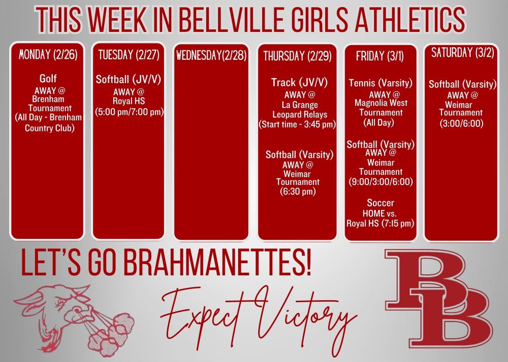 Check out the Brahmanettes in this Week of action in Golf,Soccer, Track, Softball & Tennis!!!! It’s about to be March!! @bellville_rowe @BellvilleSports @NPoenitzsch @BellvilleHS @TimesBellville
