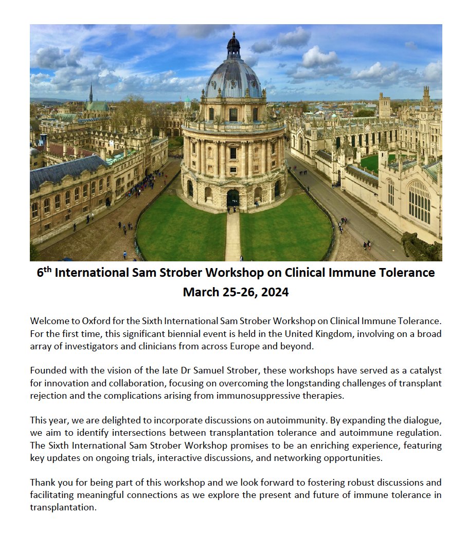Many of our distinguished COTS members will be at Oxford @OxTxResearch this spring to participate in the Sam Strober Workshop! This tremendous honor will be a catalyst for scientific innovation in #Transplantation