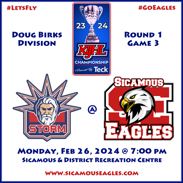 Sicamous_Eagles's tweet photo. It's time for #KIJHL Playoffs in Sicamous vs @StormKamloops , with the series tied 1-1 we are on home ice on Monday and Tuesday for games 3 & 4. Ticket prices stay the same as regular season at $10 Adults and $5 for Students & Seniors. Let's Fly! #GoSicamousGo @KIJHL @KijhlS https://t.co/ToWrbgjgvO