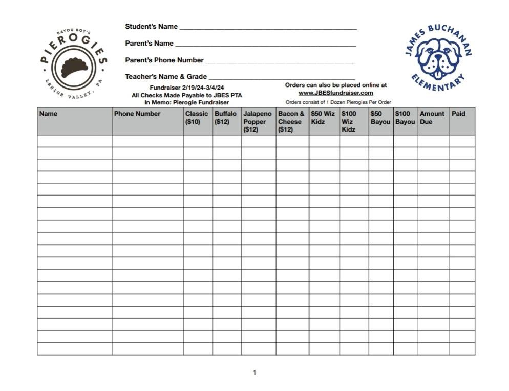 JBES Familes- It’s Fundraiser time!   Check out our newest Fundraiser- Bayou Pierogies! When ordering select the JBES students teacher!  Orders will be picked up on 3/26.  
Orders can also be placed online at 
JBESfundraiser.com
<a href="/buchanan_es/">JamesBuchananES</a>