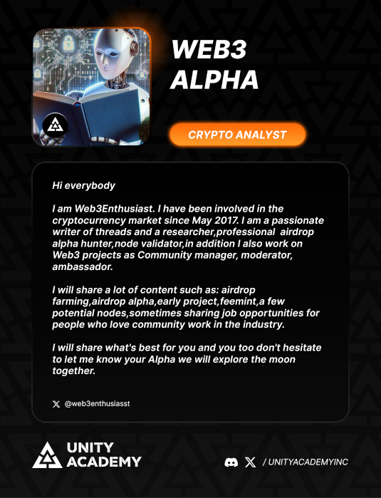 UnityAcademy's tweet photo. We are pleased to announce that @Web3Enthusiasst has joined our team as our 31st Crypto Analyst.  

Web3Alpha will be providing Crypto DeFi + Nodes Airdrop Guides, Insights + Education.

⛩️ | https://t.co/1Y9ZEHQh7i https://t.co/oZXvG5U0tr