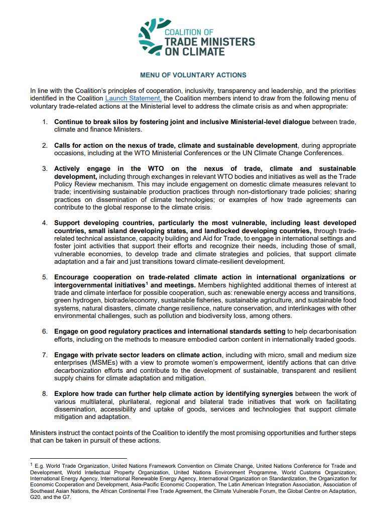 The Coalition of Trade Ministers on Climate (now 61+ members) has issued a Communique and Menu of Voluntary Actions: tradeministersonclimate.org/post/second-an…