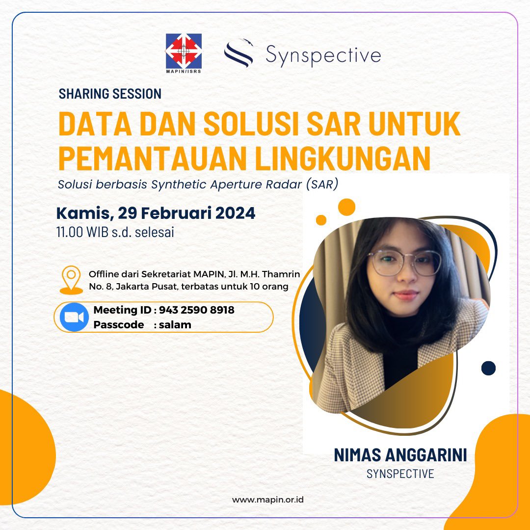 nimashayu's tweet image. Saya akan berbicara pada acara sharing session dengan MAPIN Indonesia mengenai Data dan Solusi SAR untuk Pemantauan Lingkungan pada Kamis, 29 Februari 2024 @ 11 Am WIB. Let’s chat!

#sar #remotesensing #monitoringsolutions #sustainability