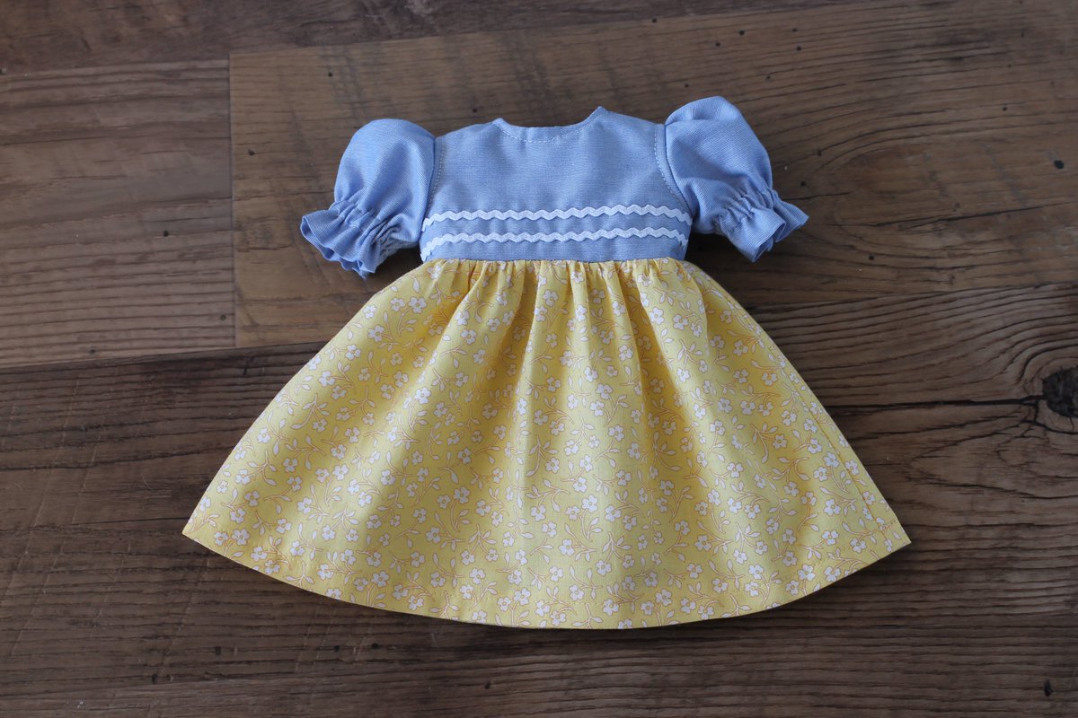 Blue Chambray & Yellow Flowered Baby Doll Dress, Handmade, Cotton by HandiworkinGirls etsy.me/4bMvYZD #SMILEtt23 #handmadelove #dolldresses #dollclothes