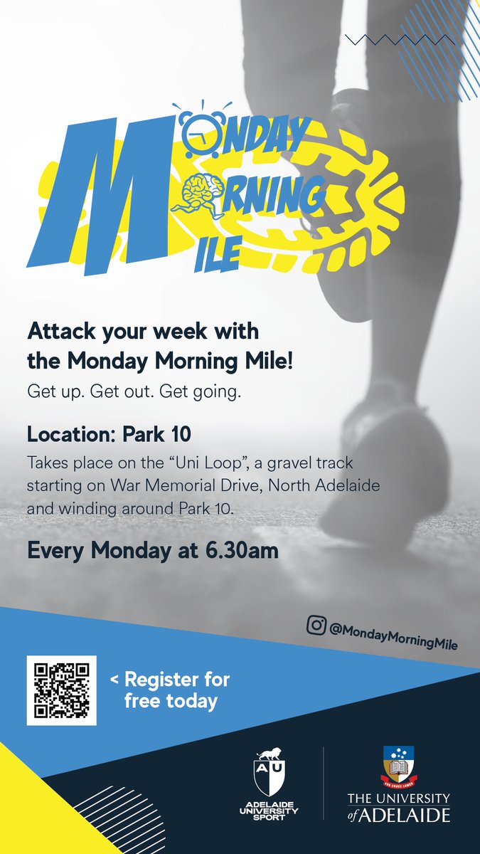 Join us next Mon 4 Mar 6.30am for the first #MondayMorningMile – a FREE community fun run held at our North Terrace campus every week! 🏃🏻‍♀️ Embrace the 1.6km run at your own pace and get ready to lace up and conquer the day! Register here 👉 mondaymorningmile.com