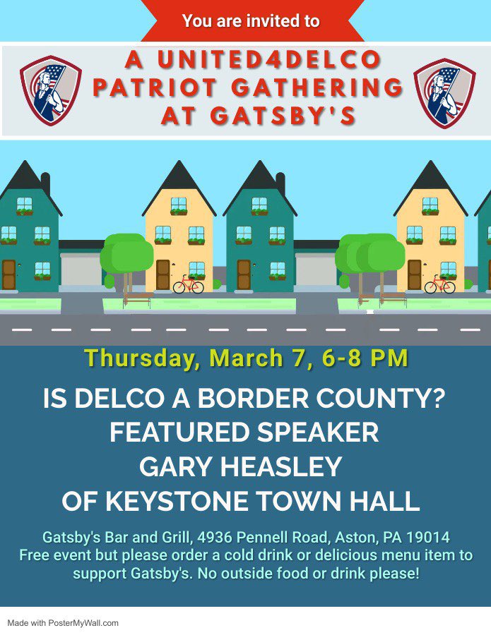 Delaware County, Pennsylvania 

Thursday, March 7th in Aston
6-8pm

#Delco #DelawareCounty #Pennsylvania #PA #BorderInvasion #FreedomEvents