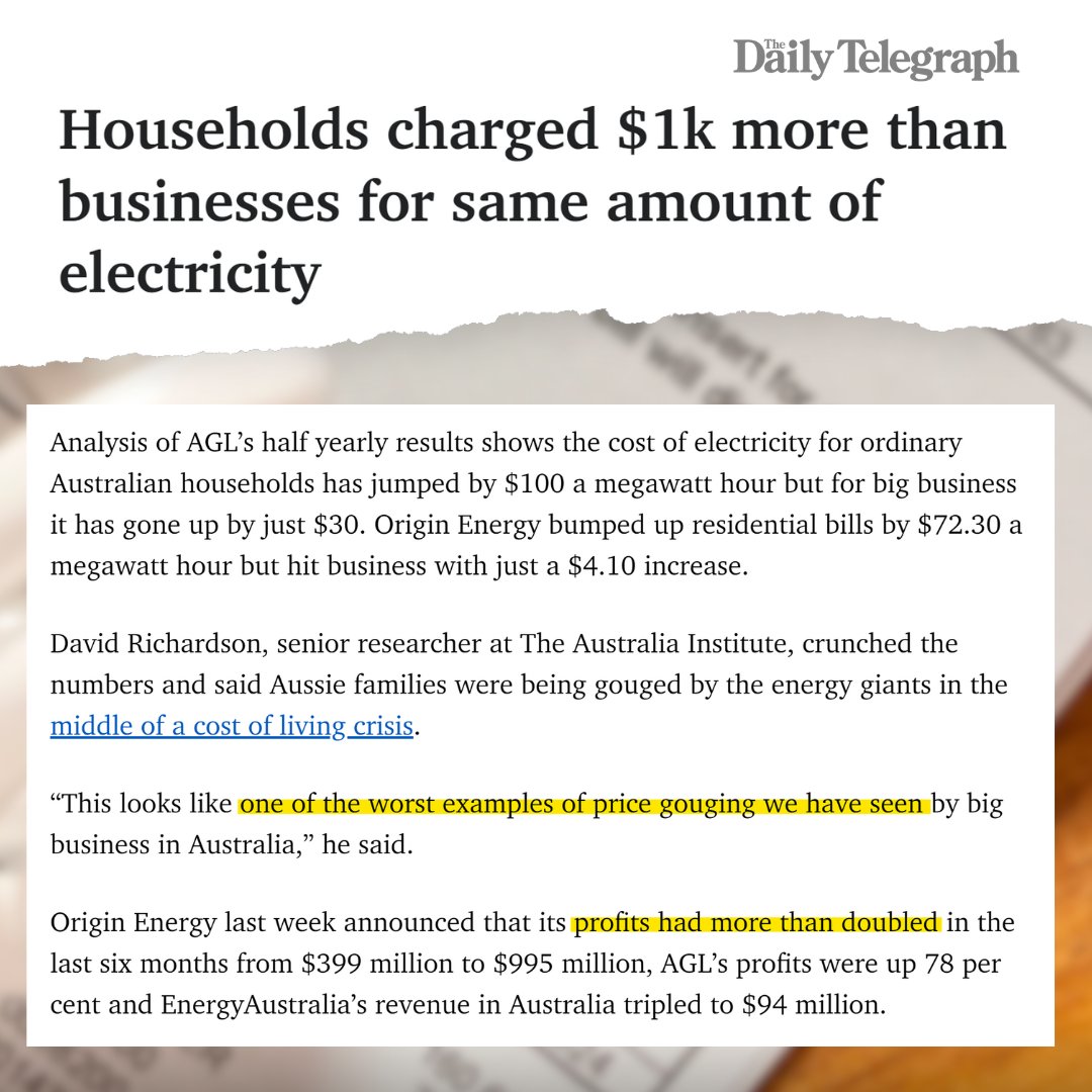 Australian households are being charged $1000/yr more than big businesses to use exactly the same amount of electricity, our research found. Origin Energy's profits more than doubled from $399M to $995M, AGL's profits are up 78%, & EnergyAustralia's revenue tripled. #auspol