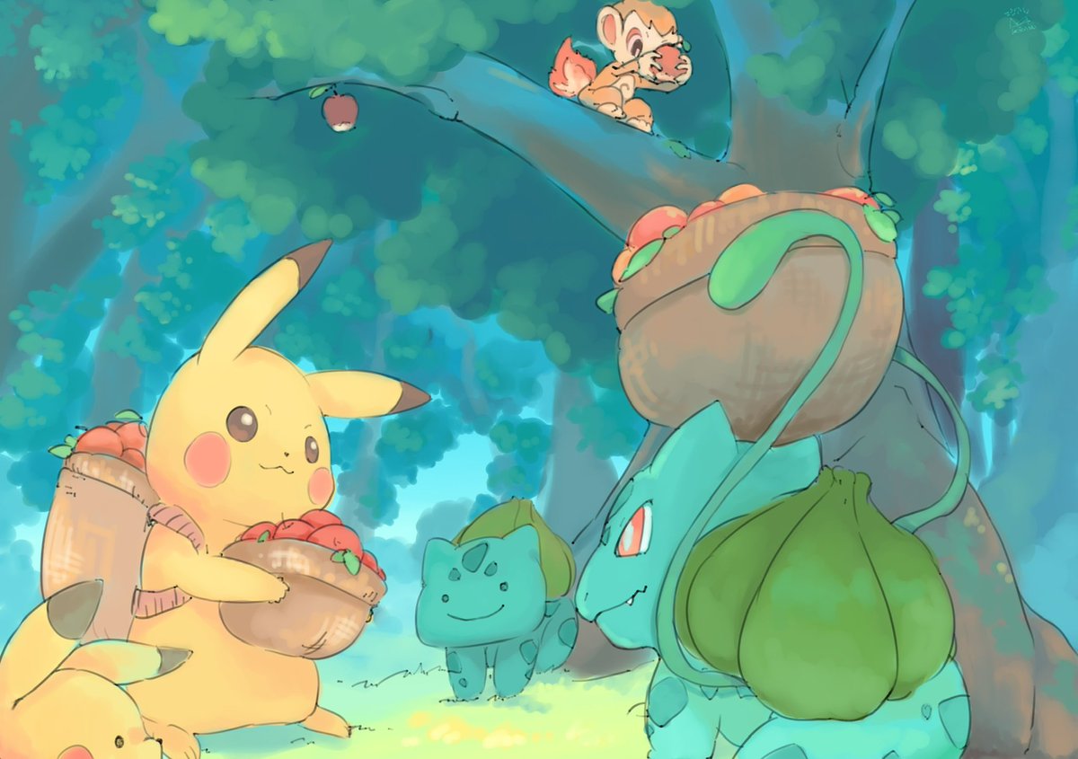 bulbasaur ,pikachu pokemon (creature) basket no humans tree holding food outdoors  illustration images