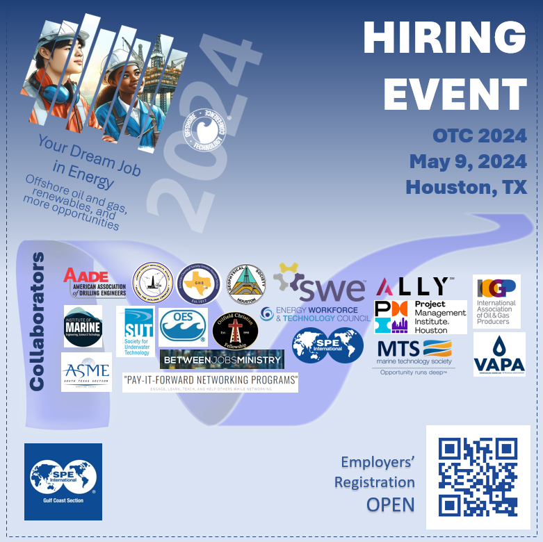 The Energy Professionals Hiring Event for professionals of energy & upstream oil & gas will be held on May 9, @OTCevents in Houston. Employer registration: · spegcs.org/events/6825/ Volunteer meeting Feb 28: spegcs.org/events/6847/ #wearespe