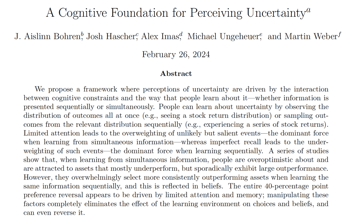 Why do people sometimes seem to overweigh rare events, and other times ignore them? Why do those w/ access to same information end up with different beliefs about the risk they face?

We present model + evidence for how people perceive uncertainty🧵1/9
papers.ssrn.com/sol3/papers.cf…