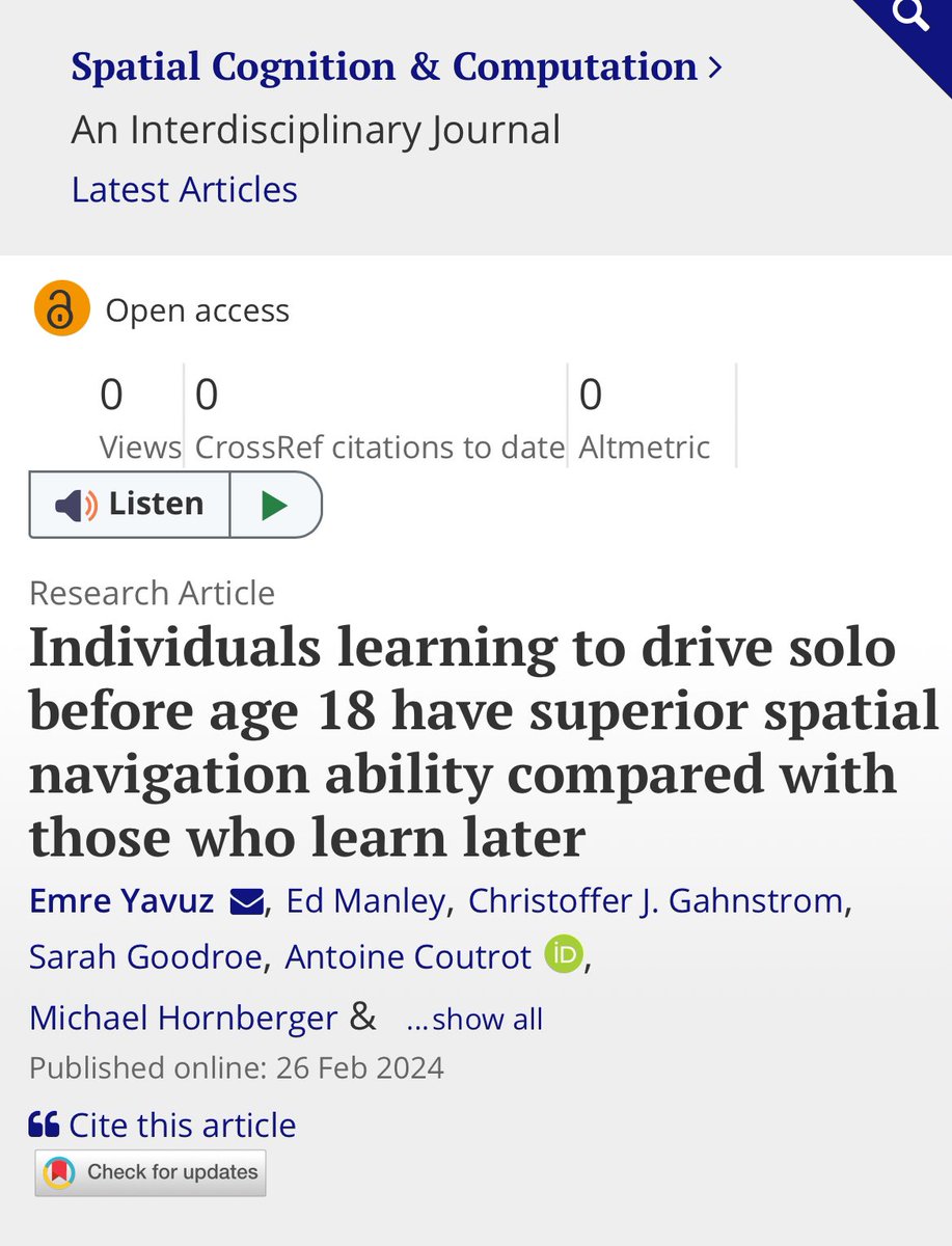 NEW PAPER ALERT!! 🚨 

Delighted that my first-author paper has now been published in Spatial Cognition & Computation 🧠🚗 

Thank you to the amazing team behind this - @hugospiers @antoine_coutrot @cgahnstrom @edthink @seaheroquest and others! 🙌

⬇️
tandfonline.com/doi/full/10.10…