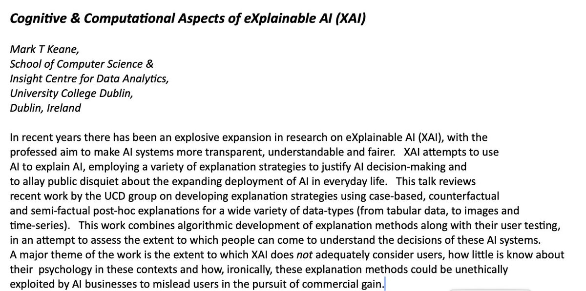 Giving a talk later today in the Business Analytics Seminar at University of Amsterdam, Business School on our recent #XAI work @UvA_Amsterdam @ABS_UvA @ucddublin @UCDCompSci @ruthmjbyrne @gretawarren_ @EoinDelaney_ @EoinKNNy @saugat_aryl @xinyuedai_ @insight_centre