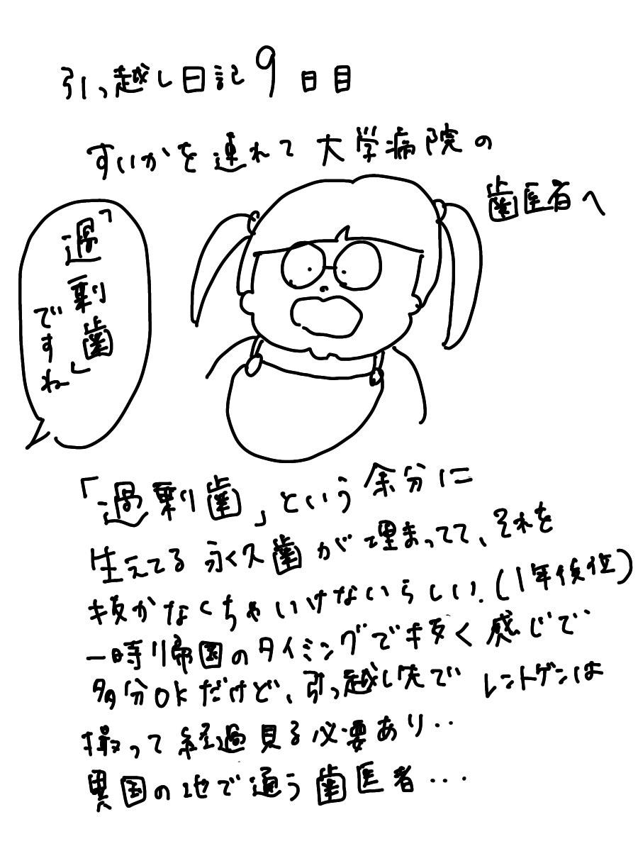 ほぼ100日後に引っ越します記
9日目

海外で子どもの抜歯しないといけないのやだな…と思ってたから良かったけどレントゲンは撮らないといけないからやっぱ受診はしなきゃいけないらしい…予約の方法も混み具合も金額も全てが謎だなあ

#引っ越し #子連れ引っ越し #海外引っ越し #転勤 #過剰歯 