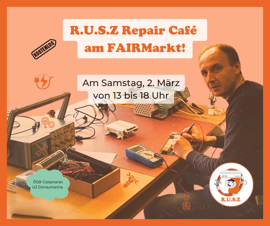 R.U.S.Z – Reparatur-Café am FAIRmarkt!
Wann: Samstag, 2. März von 13 bis 18 Uhr.
Wo: ÖGB Catamaran U2 Donaumarina
Kostenloser Eintritt.
Komm vorbei!