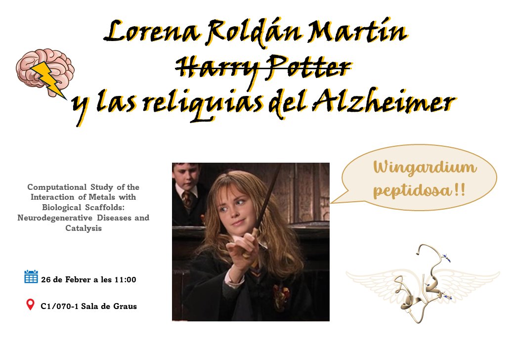Today is the day! Lorena Roldán (<a href="/lurerm93/">Lorena Roldán</a>) is defending her PhD thesis "Computational study of the interaction of metals with biological scaffolds: neurodegenerative diseases and catalysis". 📍Sala de Graus Ciències <a href="/UABBarcelona/">Universitat Autònoma de Barcelona</a> 🕚 11:00h