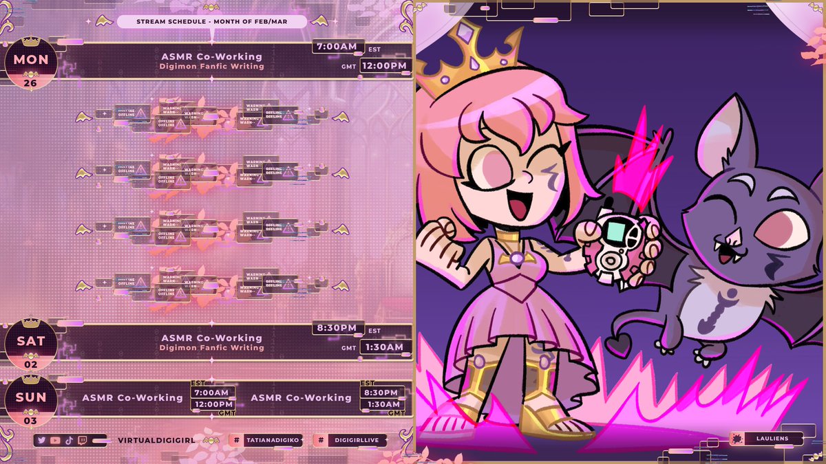 TatianaDigiko's tweet photo. โค Stream Schedule โค
Need to catch up on some writing, so all Co-Working streams this week. We are also testing the new Super Sweet Bot overlay (beta) so that be fun.
#TatianaDigiko | #Vtuber | #Digimon | #ใใธใขใณ | #digituber | #supersweetbot | #WritingCommunity | #DigiGirlLive