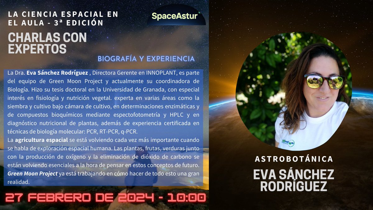 Mañana estaremos con la Dra. Eva Sánchez <a href="/InnoPlant/">InnoPlant</a>. Nos hablará de #astrobotánica y de <a href="/greenMOONp/">Green Moon Project</a> entre otras cosas para aplicar a innovación educativa. <a href="/JorgePlaGarcia/">Dr. Jorge Pla-García</a> <a href="/esa_cesar_es/">CESAR Educación Astronómica</a> <a href="/DavidArtimeEdu/">David Artime García</a> <a href="/EseroSp/">ESERO Spain</a> <a href="/J_MartinezFrias/">Jesús Martínez Frías</a> <a href="/ictea/">ICTEA</a> <a href="/C_Astrobiologia/">Centro Astrobiología</a> <a href="/IGeociencias/">IGEO (CSIC-UCM)</a> <a href="/RJBOTANICO/">REAL JARDÍN BOTÁNICO</a>