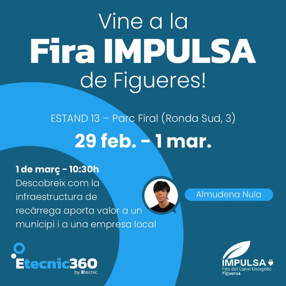 Vine a la Fira IMPULSA de #Figueres! 📅 29/02 i 1/03 al Parc Firal 🎟️ Acreditació gratuïta ⚡ Conferència 1/03 - 10:30h: 'Descobreix com la infraestructura de recàrrega aporta valor a un municipi i a una empresa local' Més info: etecnic.es/ca/formacio-i-… #FiraImpulsa @EVcharge