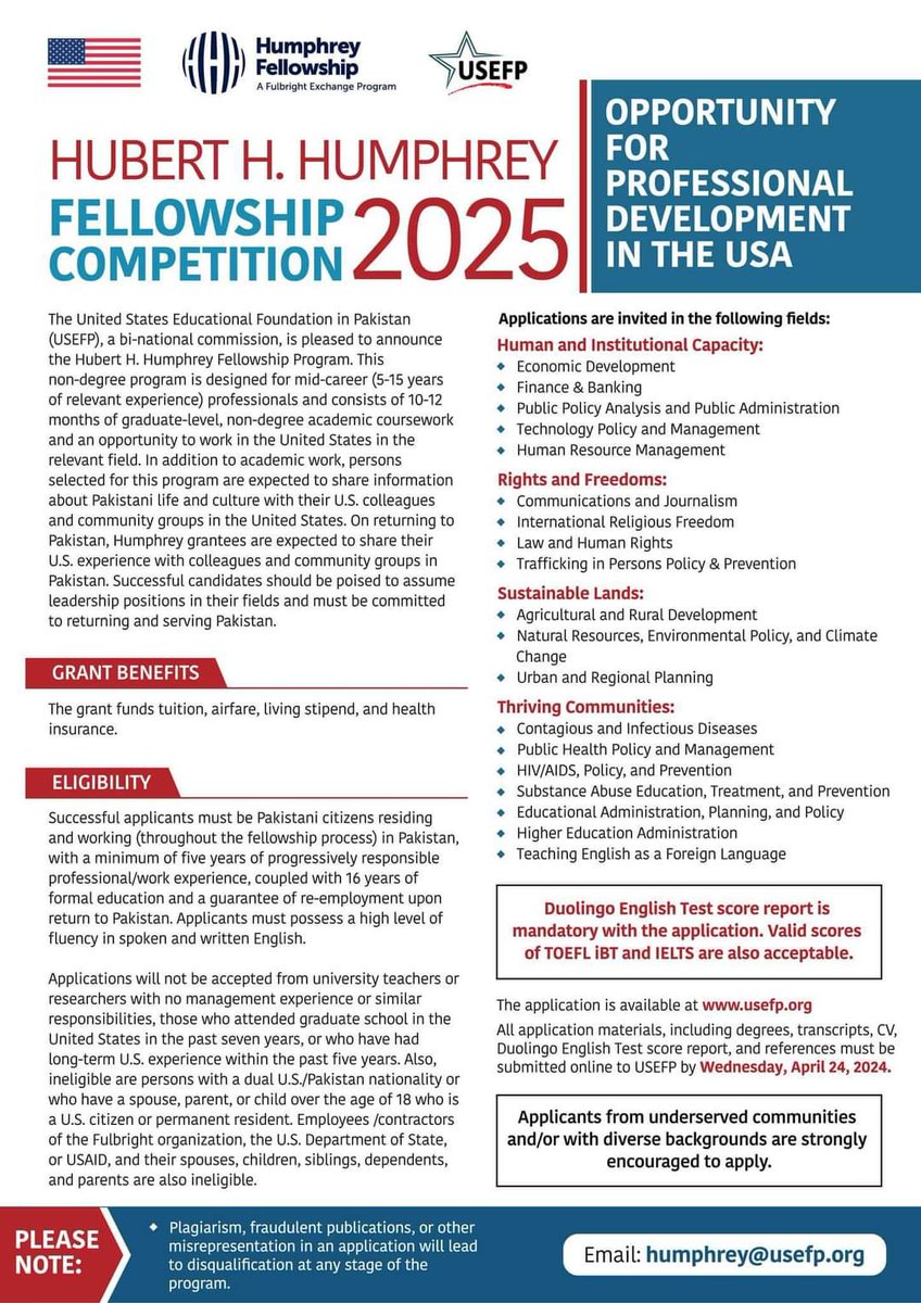 Humphrey Fellowship | A Great Opportunity for professionals 

I know this fellowship very well. I would be happy to answer your queries!

The application deadline is April 24, 2024
#USEFP #Humphrey #Fellowship