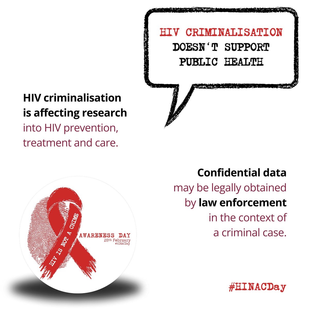 #HINACDay 28 FEB - HIV criminalisation is a global phenomenon that undermines both human rights and public health, weakening the #HIV response.  

Laws must follow science.

 #HIVIsNotACrime #NotACriminal