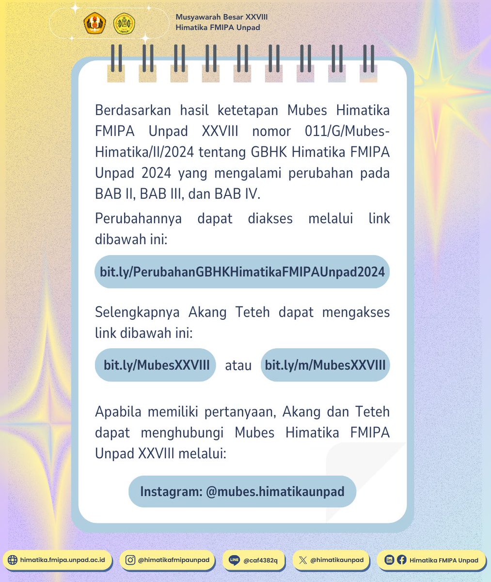 [HASIL MUBES XXVIII: SIDANG PLENO I]

Assalamu'alaikum Warahmatullahi Wabarakatuh

Halo, Akang Teteh Himatika!

Kami izin menginformasikan hasil ketetapan Sidang Pleno 1 Mubes Himatika FMIPA Unpad XXVIII nomor 011/G/Mubes-Himatika/II/2024 yaitu tentang GBHK Himatika FMIPA Unpad.