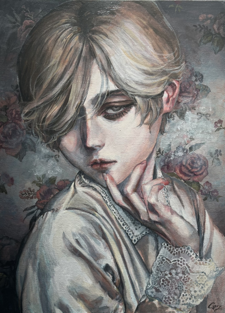 solo flower looking at viewer hair over one eye blonde hair male focus 1boy  illustration images