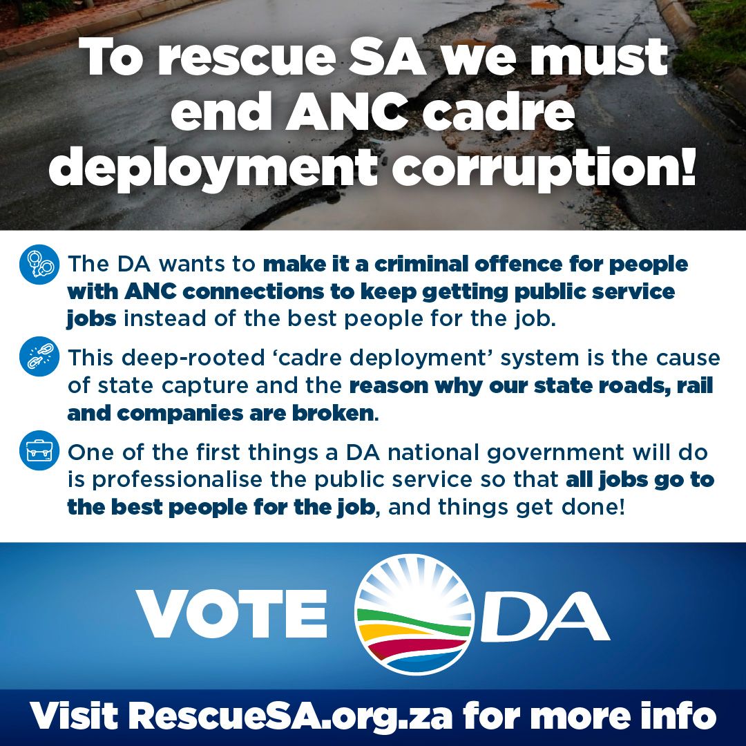 BelindaE6's tweet photo. ๐ The ANCโs cadre deployment policy and corruption have led to the demise of many cities and towns, impacting the lives of tens of millions of South Africans. To rescue South Africa from poor governance and failing service delivery
#CadreGate https://t.co/JbDT7Kgk1G