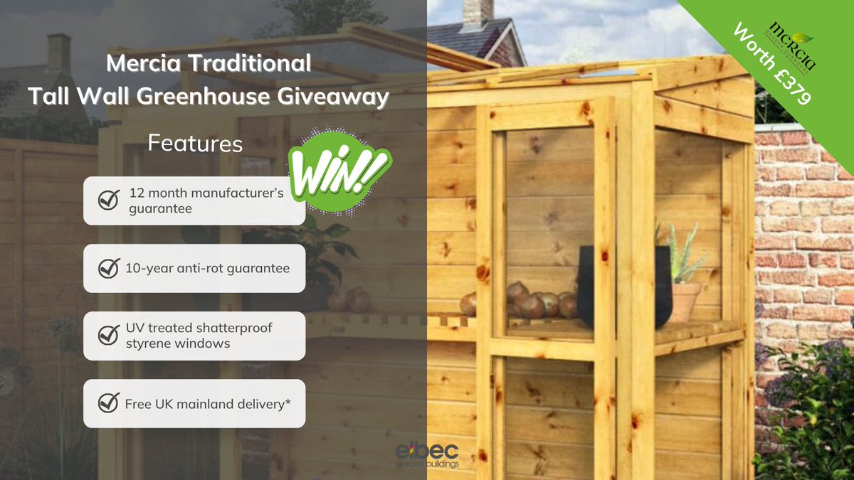 Head over to our website and sign up for our newsletter for a chance to win our 6x3 Mercia Traditional Tall Wall Greenhouse!

👉 t.ly/IhLfF

#elbecgardenbuildings #greenhouse #gardenbuildings #greenhouses #gardenbuildingideas #giveawaytime #giveawayuk #giveaway