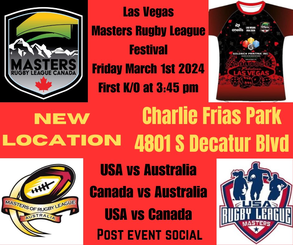 CdnRLsupporter's tweet photo. Friday, March 1st, it's the Las Vegas Masters Rugby League event!
All are welcome, no cost to attend.

Venue:  Charlie Frias Park, West #1, 4801 South Decatur Blvd, LV  (More details below) https://t.co/0DljPM7os5