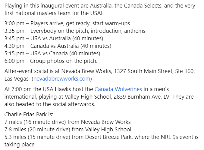 CdnRLsupporter's tweet photo. Friday, March 1st, it's the Las Vegas Masters Rugby League event!
All are welcome, no cost to attend.

Venue:  Charlie Frias Park, West #1, 4801 South Decatur Blvd, LV  (More details below) https://t.co/0DljPM7os5