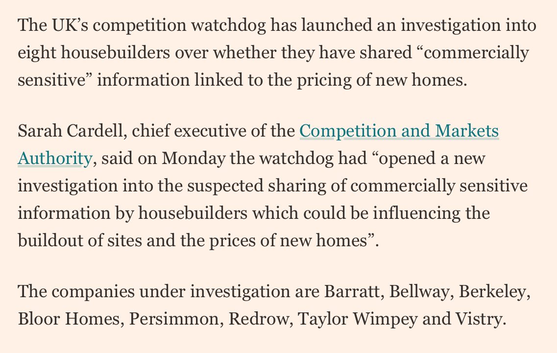 FT (£) The Competition and Markets Authority has launched an investigation into the ‘suspected sharing of commercially sensitive information’ among eight major house-builders. ft.com/content/617125…