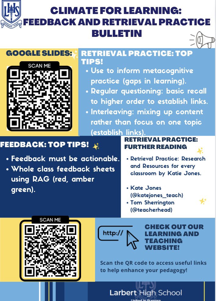 Fantastic session led by <a href="/MissFarrell_Mus/">Miss Farrell</a> and <a href="/RMillerHistory/">Mr Miller</a> on Feedback and Retrieval Practice, really valuable session. 
Check out our Climate for Learning bulletin below for an overview of the session 🎓📝 <a href="/LarbertHigh/">Larbert High School</a> <a href="/mrscullenlhs/">Mrs Cullen</a>