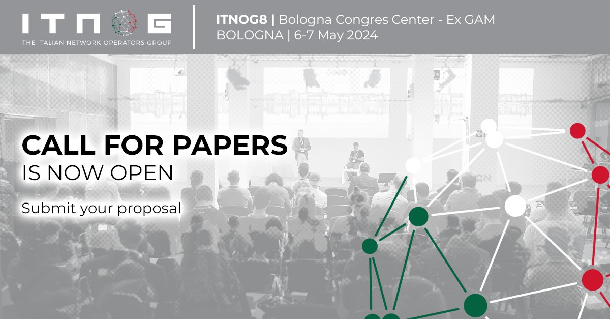📣 The 𝗖𝗮𝗹𝗹 𝗳𝗼𝗿 𝗽𝗮𝗽𝗲𝗿s is officially open! Attention all tech enthusiasts! 🚀

If you're interested in contributing to #ITNOG8, review the guidelines for submission at itnog.it/itnog8/cfp.html

‼️ Call for papers end on 31st March.