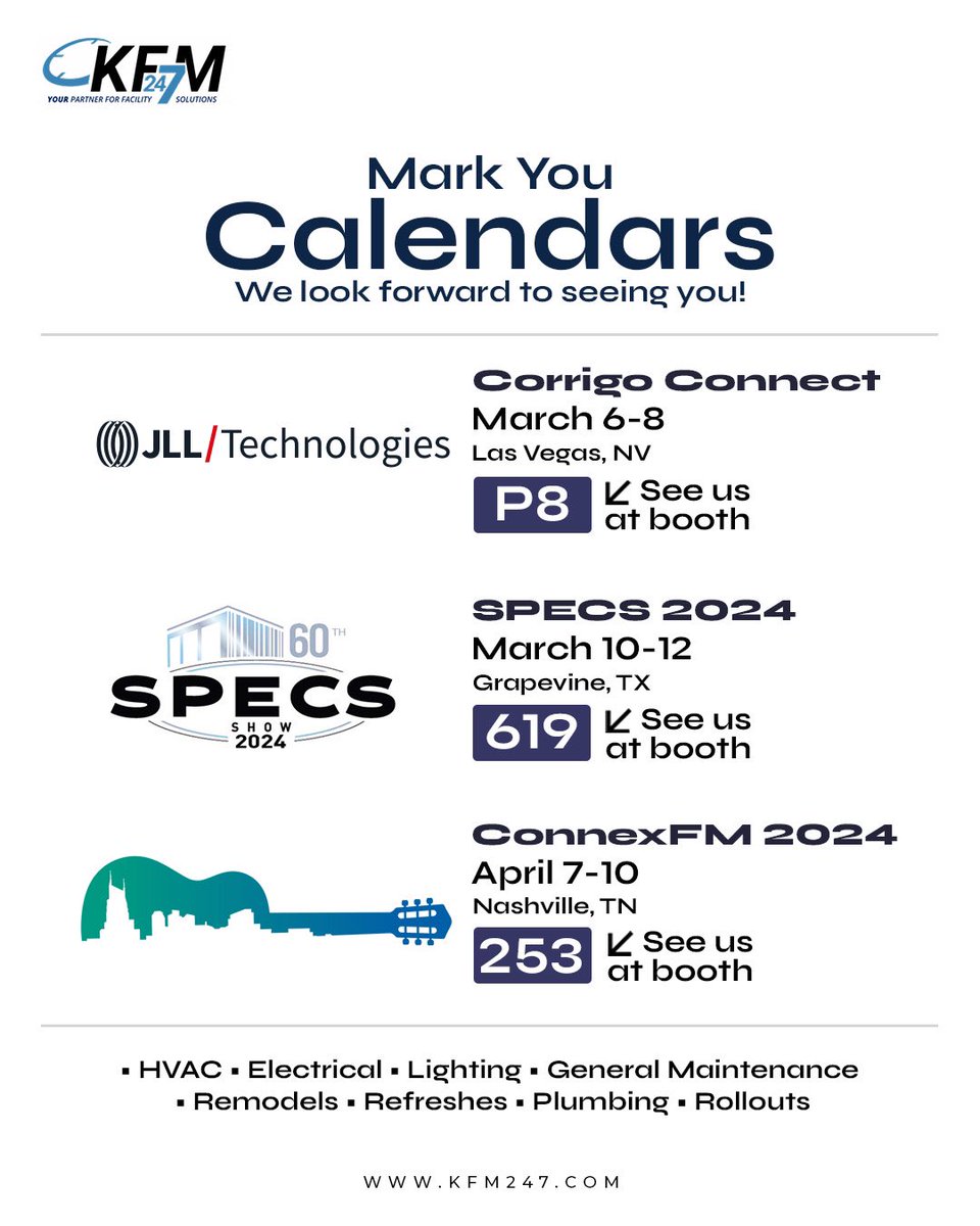 We look forward to seeing you at one or more of these exciting events where KFM 24/7 will be exhibiting. Swing by our booths to say hi.

#tradeshow #tradeshows #tradeshowseason #specs2024 #corrigo2024 #connexfm2024 #specs #corrigo #connexfm #facilitymaintenance