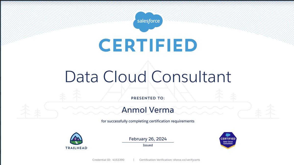 anmol_verma__c's tweet image. 🌟 Just passed my Salesforce Certified Data Cloud Consultant exam! 🎉 Excited to dive deeper into data management and analytics within the Salesforce ecosystem. Ready to leverage this certification to drive impactful solutions for clients. #Salesforce #DataCloud #Certification
