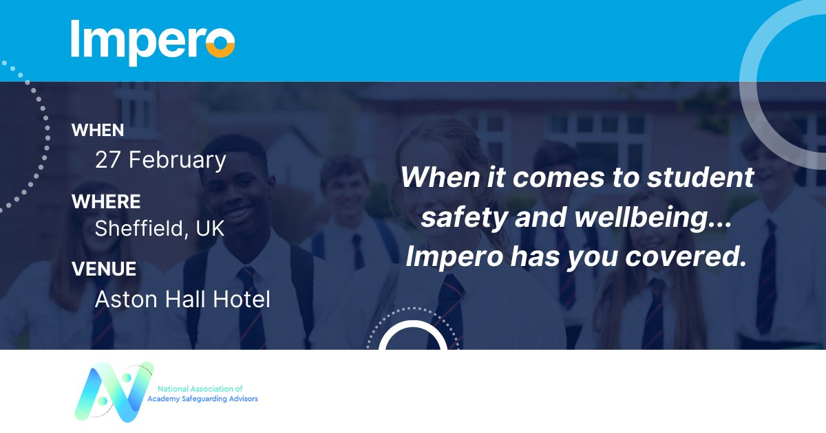 ImperoSoftware's tweet image. Impero Software is thrilled to announce our presence at the NAASA DSL North Conference on 27 February at @AstonHallHotel in Sheffield. We hope to see you there so we can show you our innovative products designed to enhance student safety and wellbeing. #NAASA #EdTech 📚