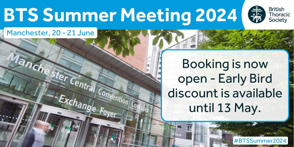 Tickets to the 2024 BTS Summer Meeting are now available to book. Held in Manchester, this year's Meeting has something for all areas across the multi-disciplinary respiratory team. Learn more and book on our website: bit.ly/41U13Ws
#BTSSummer2024