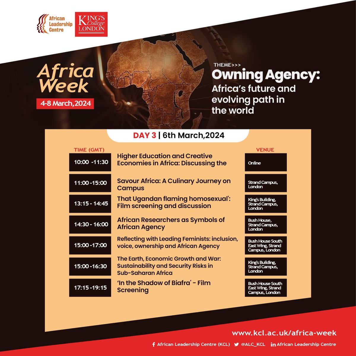 Delighted to share that Africa Week 2024, organised by the African Leadership Centre @ALC_KCL at King’s College London, will be held in-person and online from March 4-8.