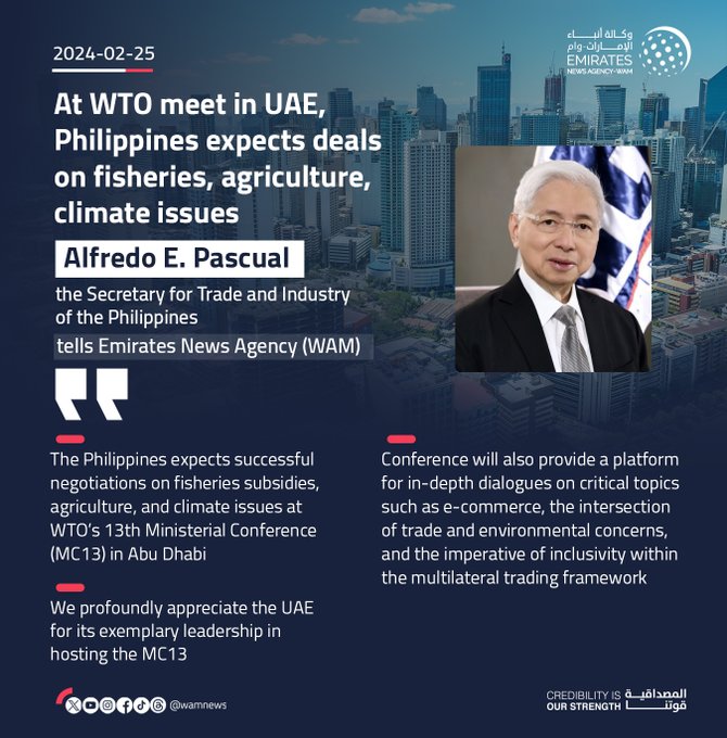 @PHinUAE Philippines gears up for impactful discussions at the WTO's 13th Ministerial Conference in Abu Dhabi! 🌍🤝 #MC13 #WTOMC13AbuDhabi #UnitedForGlobalTrade #WamInfographic