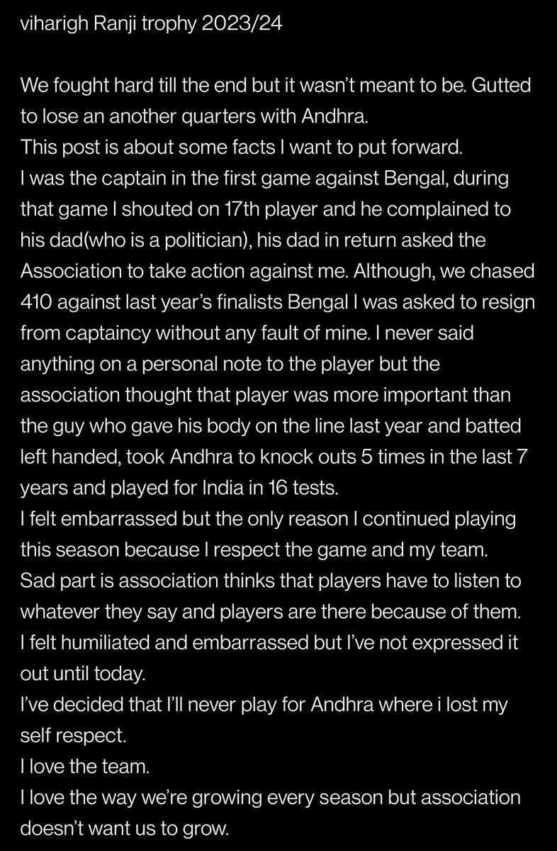 Vijay Anaparthi (@vijaycricketfan) on Twitter photo What is going on with Andhra Cricket, they have lost an amazing batsman <a href="/Hanumavihari/">Hanuma vihari</a>.
#CricketTwitter What is going on with Andhra Cricket, they have lost an amazing batsman <a href="/Hanumavihari/">Hanuma vihari</a>.
#CricketTwitter