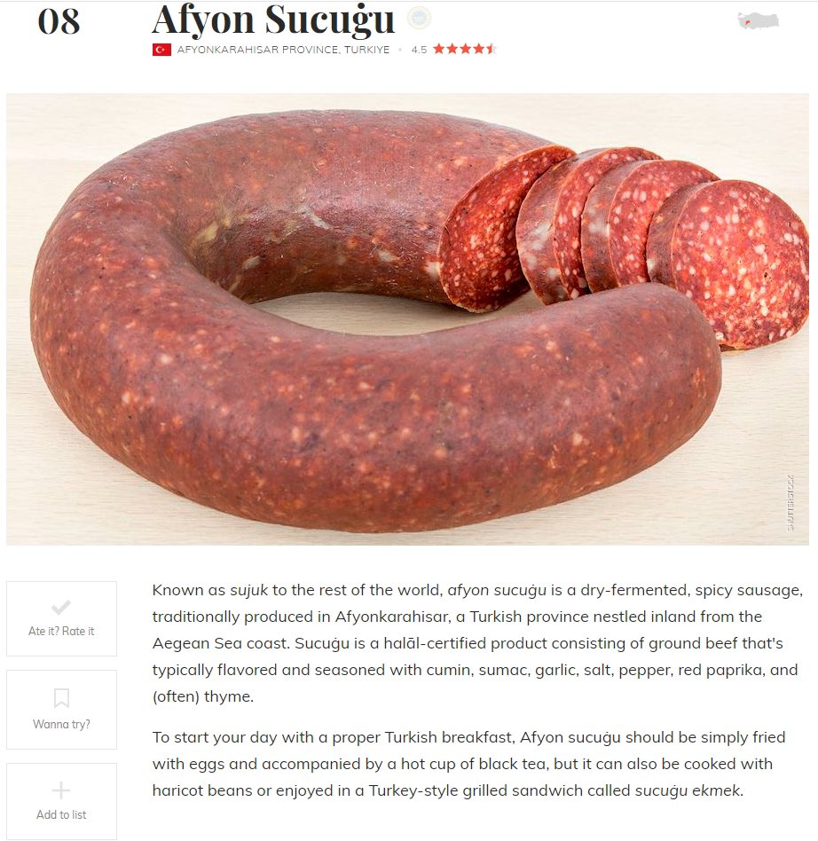 Türk mutfağının en iyi 25 yiyeceği sıralamasında meşhur Afyon Sucuğumuz 8. sırada yer aldı. 

1. Mantı
2. Tombik Döner
3. Dondurma
4.Mercimek Çorbası
5. Hünkar Beğendi
6. Gaziantep Baklavası
7. Kalamar Tava
8. Afyon Sucuğu
9. Sarma
10. Lavaş

Kaynak: <a href="/TasteAtlas/">TasteAtlas</a>