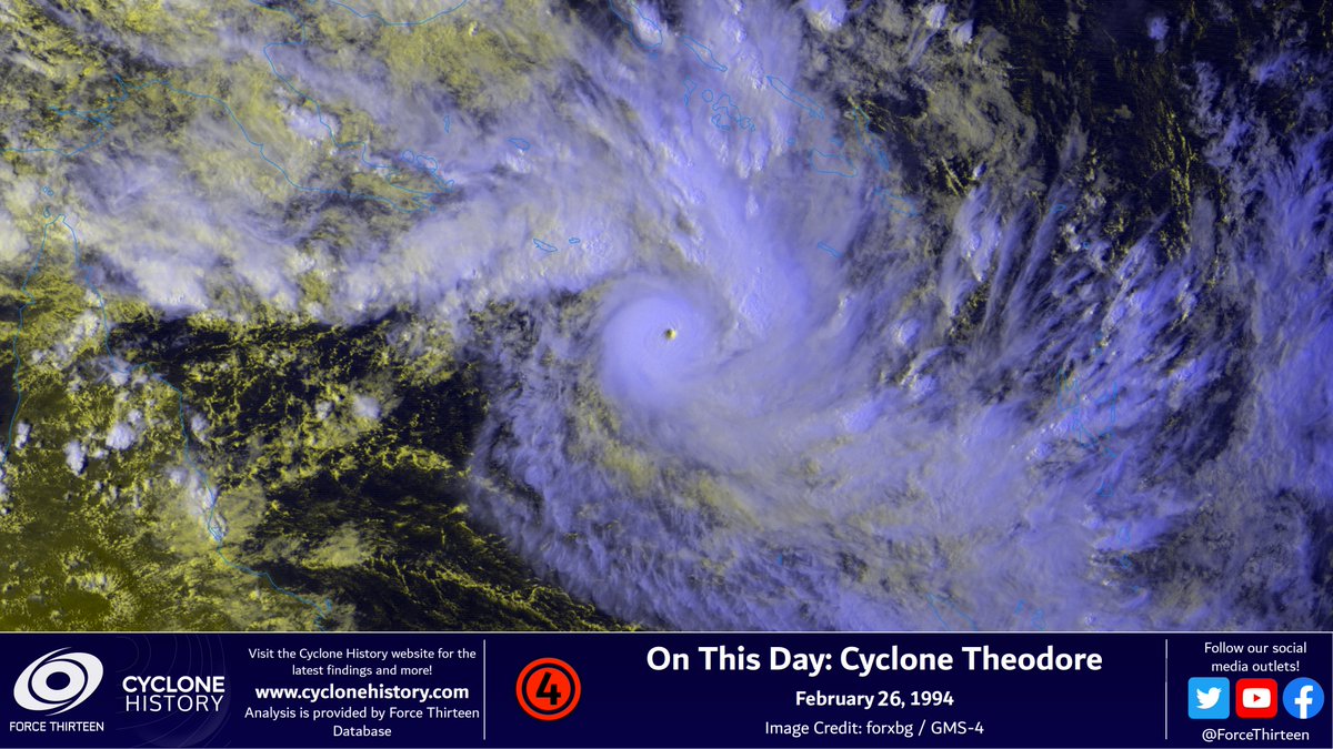 CycloneHistory's tweet photo. #OTD in 1994, #CycloneTheodore has weakened slightly from its peak intensity of 130mph/910hPa.
Originating from the #SolomonSea. Theodore soon started racing south-southeastward, passing through the islands of #NewCaledonia and dissipated to the north of #NewZealand. https://t.co/VhcDPaZR3s