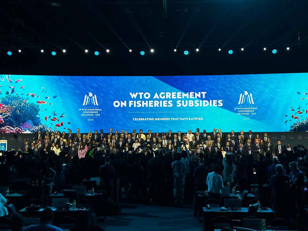 WTO members welcomed more formal acceptances of the #FisheriesSubsidies Agreement at the opening ceremony. "With the 70 we'll have this week, we'll now have 40 members to go, so the countdown towards entry into force can now start in earnest," DG <a href="/NOIweala/">Ngozi Okonjo-Iweala</a> said. #WTOMC13AbuDhabi