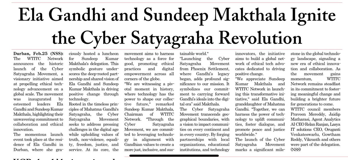 wtitcouncil's tweet image. 🔥Mahatma Gandhi Granddaughter Ela Gandhi Ignited the #CyberSatyagraha Revolution

👉🏻 Luncheon hosted for @SundeepMakthala delegation at Ela’s Durban residence
👉🏻 CyberSatyagraha Movement to Commence from Phoenix Settlement, Echoing Gandhi&apos;s Legacy

#WTITC #Makthala